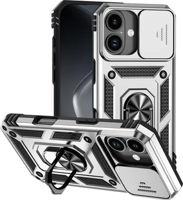 Produktbild von Hülle für iPhone 17 mit Schiebe Kamera Schutz und Ringhalter Ständer Hybrid Schutzhülle Silber