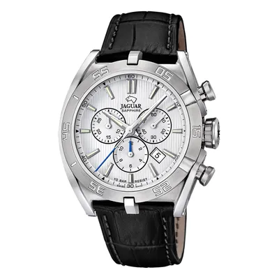 A studio shot of a men's wristwatch with a black leather strap.