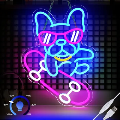 Obrázek produktu pro LED neonový nápis s USB a bateriovým zdrojem, pes na skateboardu, akrylové nástěnné svítidlo s LED neonovým nápisem, USB osvětlení na večírky, herní nástěnná dekorace, obchod se zvířaty