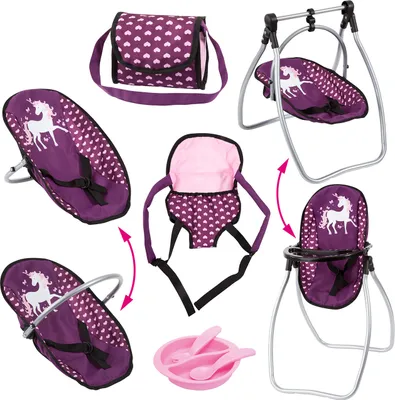 Produktbild von Bayer Design 63637AB Puppenzubehör Set, Hochstuhl, Puppentrage, Tasche, Zubehör, rosa, pflaume, Einhorn