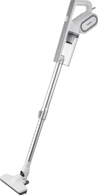 A white and silver stick vacuum cleaner is shown against a white background.