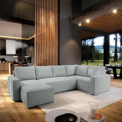 Produktbild von Masseno Ecksofa NORENA R-S mit Schlaffunktion U-Form, Sofa mit Bettkasten, Wohnzimmersofa, Couch, Soffa, Bettsofa, Couchgarnitur- Hellgrau, POSO 55