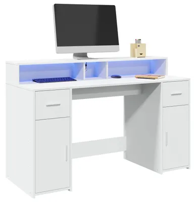 Obrázek produktu pro Notebookový stůl - Pracovní stůl - Pracovní plocha - Stůl s úložným prostorem - Bílá barva - RGB LED osvětlení
