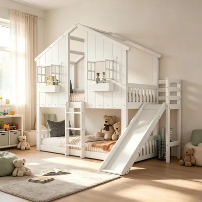 Zdjęcie produktu dla Łóżko piętrowe dla dzieci z zjeżdżalnią i oknem, wymiar 90x200 cm, wykonane z drewna sosnowego, kolor biały