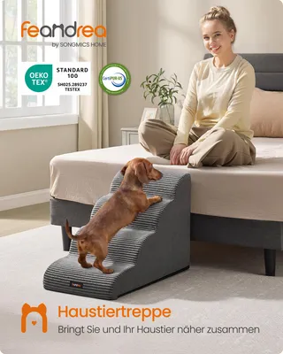 Produktbild von FEANDREA Hundetreppe, 4-stufig-Haustiertreppe, Cord mit Querstreifen, rutschfest, abnehmbarer waschbarer Bezug, Bleigrau