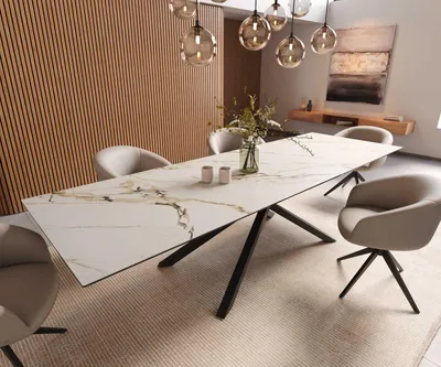 Produktbild von DELIFE Esstisch Edge 300x100 Keramik Calacatta Luxe Weiß-Gold-Grau Kreuzgestell Rechteck Schwarz