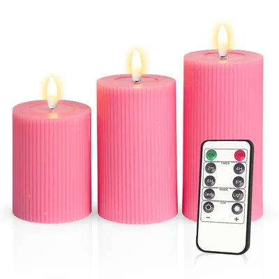 Produktbild von Meisterhome® 3er-Set Flammenlose LED Kerzen Ribble mit Timer Rosa Stumpenkerze Fernbedienung Batteriebetrieben Warmweiß echten Wachs Dekoration