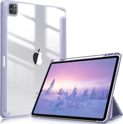 Produktbild von Fintie Hybrid Hülle für iPad Pro 12.9 2022 (6. Generation)/ iPad Pro 12.9 2021/2020/2018 mit Stifthalter - Stoßfeste Schutzhülle mit transparenter Hartschale auf der Rückseite, Pastellviolett