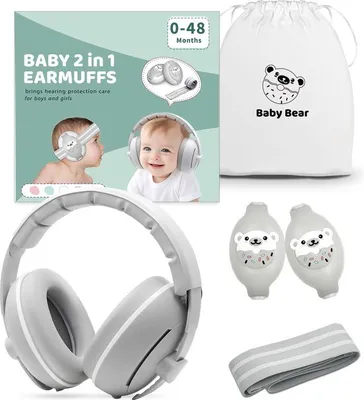 Immagine prodotto di Set di protezione dell'udito Youha - Protezione dell'udito adatta a neonati e bambini (0-4 anni) - Set 2 in 1 - Chiusura antiscivolo e in velcro - Colore: grigio