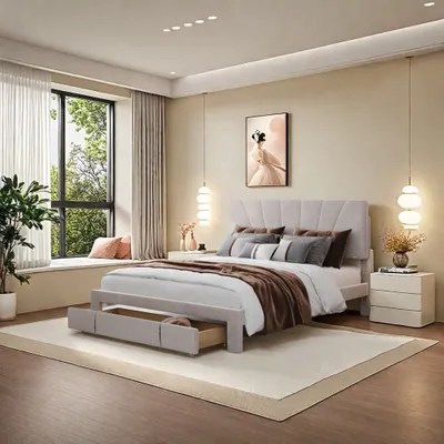 Produktbild von Polsterbett 140x200cm Doppelbett mit Lattenrost und Schubladen, Stauraumbett Holzbett Funktionsbett Samt, Beige
