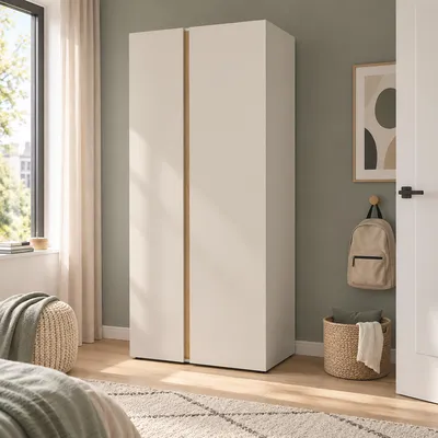 Produktbild von Jugendzimmer Kleiderschrank 90 cm breit in Beige mit Eiche, 2 Türen, Kleiderstange - LAUKA-133
