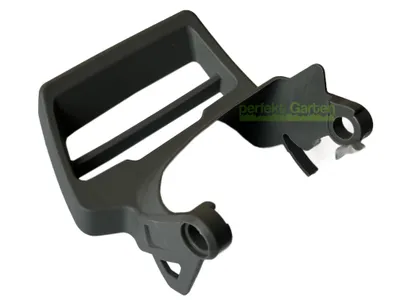 A black plastic chainsaw handle grip is shown against a white background.