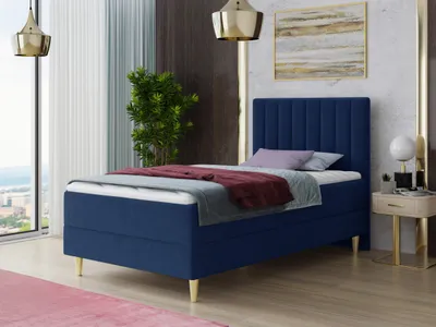 Produktbild von Boxspringbett Gold Mini mit Bettkasten, Bonell-Matratze und Topper - Einzelbett mit Matratzentopper, Polsterbett, Bett, Schlafzimmer, Jugendzimmer, Velours Stoff (Blau (Manila 26), 100 x 200 cm)