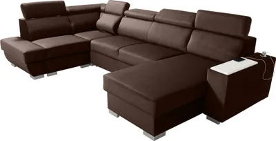 Produktbild von Robin Cezar Ecksofa Schlaffunktion Bettkasten Verstellbare Kopfstützen Sofa L-Form Schlafsofa Freistehende Eckcouch Schlafcouch Wohnzimmermöbel inkl. Laptoptisch Steckdose Braun