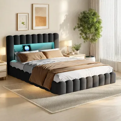 Produktbild von Bubble Bett 160x200 Polsterbett Bettgestell mit LED und USB-Ladefunktion,Hydraulische Stauraumbett mit Lattenrost,Grau Linen Doppelbett,ohne Matratze
