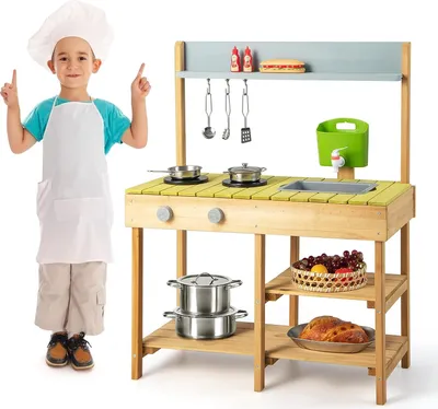 Produktbild von COSTWAY Matschküche Kinder Outdoor, Kinderküche Holz mit Wasserfunktion, Spielküche für Kinder mit Haken & abnehmbarem Regal, Gartenküche Geschenke für Kinder ab 3 Jahren