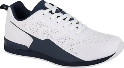 A single white and navy blue athletic shoe is shown from the side against a white background.