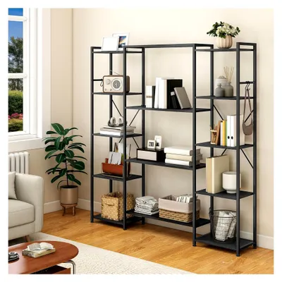 Produktbild von Industrielles Bücherregal 73 cm breit, Stehend Offen Aus Holz Und Metallrahmen Mit 13 Regalen, Präsentationsregal Für Wohnzimmer Und Heimbüro, Schwarz