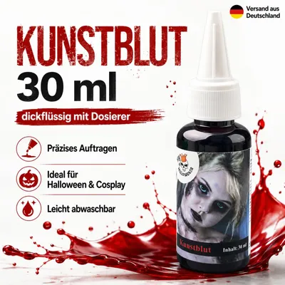 Produktbild von Dickflüssiges Kunstblut 30 ml mit Dosierer – Theaterblut / Filmblut für Halloween Make-up, Zombie, Vampir, SFX, Cosplay, Fasnacht, Karneval & Mottoparty