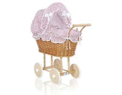 Immagine prodotto di Seggiolone per bambole in vimini con lenzuola e imbottitura rosa - naturale