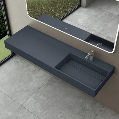 Immagine prodotto di doporro Lavabo Bagno Sospeso Lavabo da Appoggio Rettangolare in Marmo Resina Antracite Opaco, Vasca a Destra 150x48x13 cm con 1 Foro Rubinetto e Piletta Scarico, Colossum12