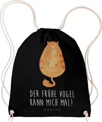 Produktbild von Mr. & Mrs. Panda Stoffbeutel Katze Frühaufsteher - Schwarz - Geschenk, Kaffee, Sportbeutel, Mittelfinger, Tiger, Turnbeutel, Verschlafen, wander rucksack, Beutel, Genervt