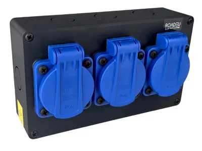 Produktbild von RoadEu – Außensteckdose 3x Schuko 230V | IP44 Steckdosenverteiler Aufputz 16A | Vorverdrahtete Baustromverteiler mit Kabelverschraubung