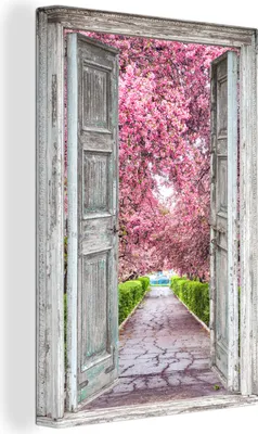 Produktbild von OneMillionCanvasses® - Leinwandbilder - 90x140 cm, Sakura - Transparent - Baum - Kirschblüte, - Geöffnetes Fenster - Fensterblick Schlafzimmer Kunstdruck Wanddekoration - Foto auf Leinwand - Gemälde auf Holzrahmen  - Wandschmucke - Schlafzimmer