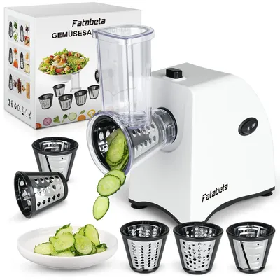 Produktbild von FATABETA 5-in-1 Elektrischer Gemüsehobel, 250 W, Edelstahl/Kunststoff, BPA-frei, 5 Einsätze, für Gemüse, Obst & Käse, schnelles Schneiden, Weiß