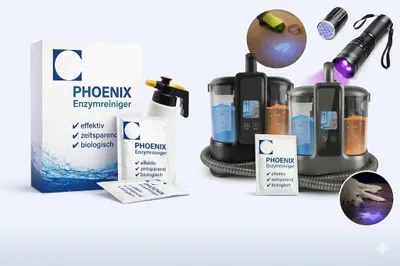 Produktbild von Inkontinenz Reiniger 250g (12,5L) Enzymreiniger + UV-Lampe + Nasssauger Matratze Bett gegen Urinflecken Geruch | PHOENIX
