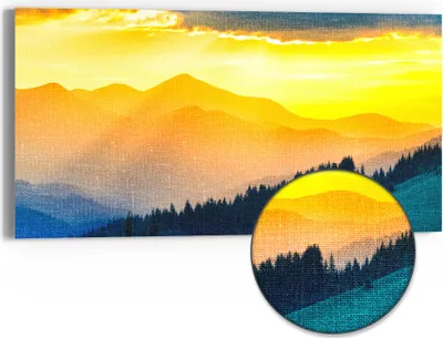 Produktbild von DEQORI Hybrid Leinwand Bild 60x30 cm 'Sonnenuntergang in Bergen' Wandbild Glas flach modern