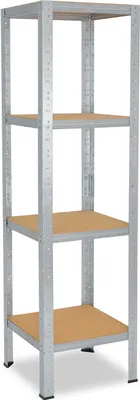 A tall, four-shelf metal shelving unit with wooden shelves, shown against a white background.