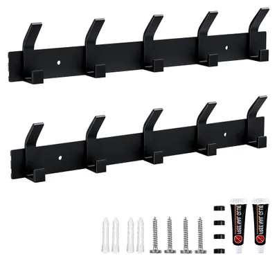 Produktbild von 2 Stück Wandkleiderhaken, Garderobenhaken mit 5 Haken, Metall Hakenleiste für Schlafzimmer, Bad, Küche und Wandgarderobe