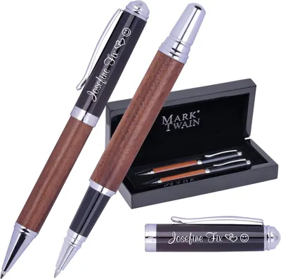 Productafbeelding van Mark twain houten schrijfset lorenzo - Cadeauset met balpen en rollerball van metaal - Ideaal als cadeau en voor kantoor