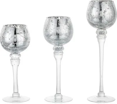 Produktbild von DigiRigi® Teelichthalter Glas Silber – 3er-Set Windlichter / Kerzenständer, H 23,5 / 25,5 / 31,5 cm für Teelichter & Votivkerzen, Tischdeko