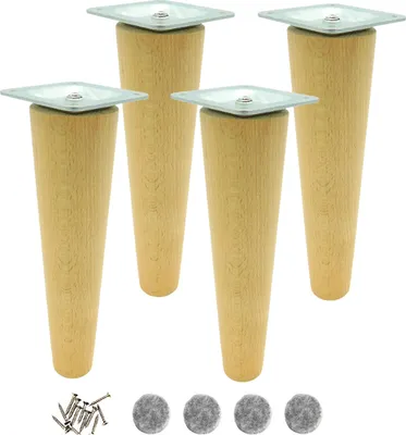 Four wooden furniture legs with metal mounting plates, along with screws and felt pads, are displayed against a white background.