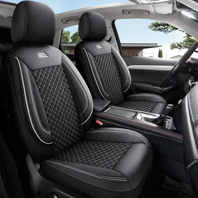 Produktbild von Autositzebezüge für Ford Kuga 3 passgenau| Set mit 2 Stück | Fahrer + Beifahrersitz AIS Serie | Schwarz mit weißen Nähten