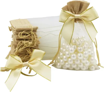 Produktbild von 30 Stück Organza Geschenktaschen mit Zugband 10cm x 15cm und 30 Stück Geschenkbänder - Kleine Jute Geschenktaschen - Schmuckbeutel - Basteltaschen - Geburtstagsparty - Hochzeit