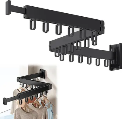 Produktbild von Wand Wäscheständer ausziehbar - 3-fach klappbarer Handtuchhalter - Verstellbar, erweiterbar, Aluminium, Tragkraft 27 kg, für Bad/Balkon/Waschküche