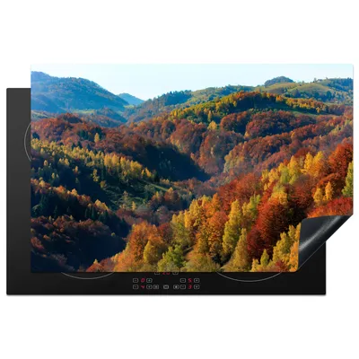 Produktbild von KitchenYeah© Herdabdeckplatte Berge - Bäume - Herbst , 81x52cm, Küche Deko, Glaskeramikkochfeld Herdabdeckung, Abdeckplatte fùr Kochfeld