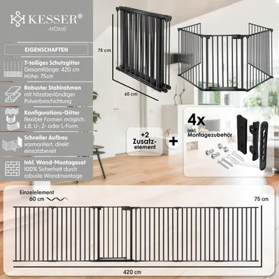 Produktbild von KESSER® Kaminschutzgitter mit Tür Metall Ofenschutzgitter Laufgitter Laufstall Absperrgitter Tierschutzgitter Türschutzgitter für Kinder-Sicherung