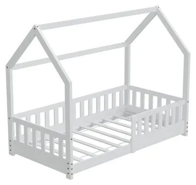 Produktbild von HAGO24 Kinderbett 80x160cm Weiß Hausbett Dach Rausfallschutz Massivholz Kiefer Spielbett Lattenrost Bodentief Montessori