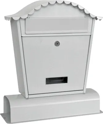 A white mailbox with a newspaper compartment and a lock is shown against a white background.