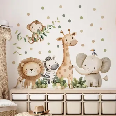 A collection of cartoon jungle animals (lion, zebra, giraffe, elephant, monkey) are depicted as wall stickers on a light-colored wall above a shelf with storage bins. The scene is set in a child's room.