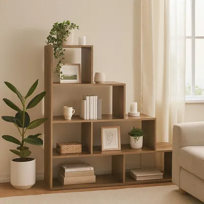 Produktbild von Stufenregal in Eiche Holzoptik Raumteiler Bücherregal 114 x 114 x 30 cm vielseitig einsetzba