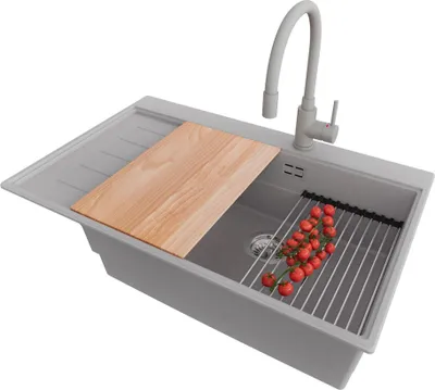 Produktbild von PRIMAGRAN Granitspüle Grau 78x50cm, Spülbecken 1 Becken + Küchenarmatur 38x14cm + Ablauf-Set + Küchenzubehörset, Küchenspüle ab 60er Unterschrank - Sydney