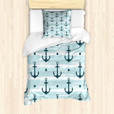 Immagine prodotto di ABAKUHAUS Set copripiumino Anker, simboli marittimi moderni, tonalità pastello, motivo a schizzi e pois, 135 x 200 cm + 80 x 80 cm, azzurro pallido verde scuro