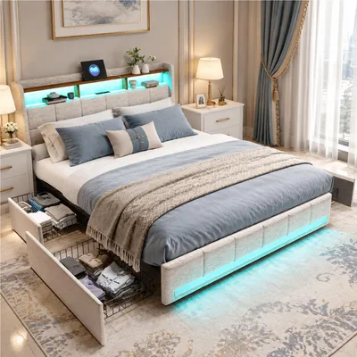 Obrázek produktu pro Postel INONEFT, čalouněná, 140x200 cm, s 4 zásuvkami, dětská/dvoulůžko s LED osvětlením a USB/Type-C porty, úložný prostor, rošt, barva: béžová