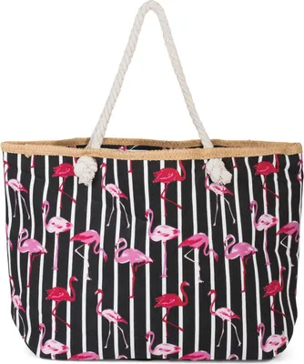 Produktbild von styleBREAKER Große Strandtasche mit Flamingo Print und Streifen Design | Damen Shopper mit Kordelhenkel und Reißverschluss | Badetasche mit Bast-Detail | 58 x 37 x 13 cm