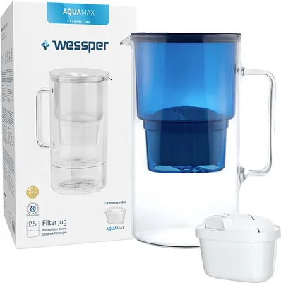 Zdjęcie produktu dla Wessper szklany dzbanek filtrujący do wody 3l Kompatybilny z wkładami filtrującymi Brita, w tym 1 wkład filtrujący do wody, niebieski